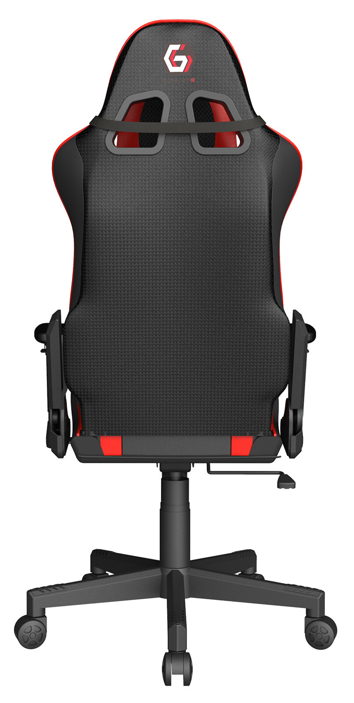 Gaming-Stuhl, Rückansicht, schwarz-rotes Design. Hat ein G-Logo.