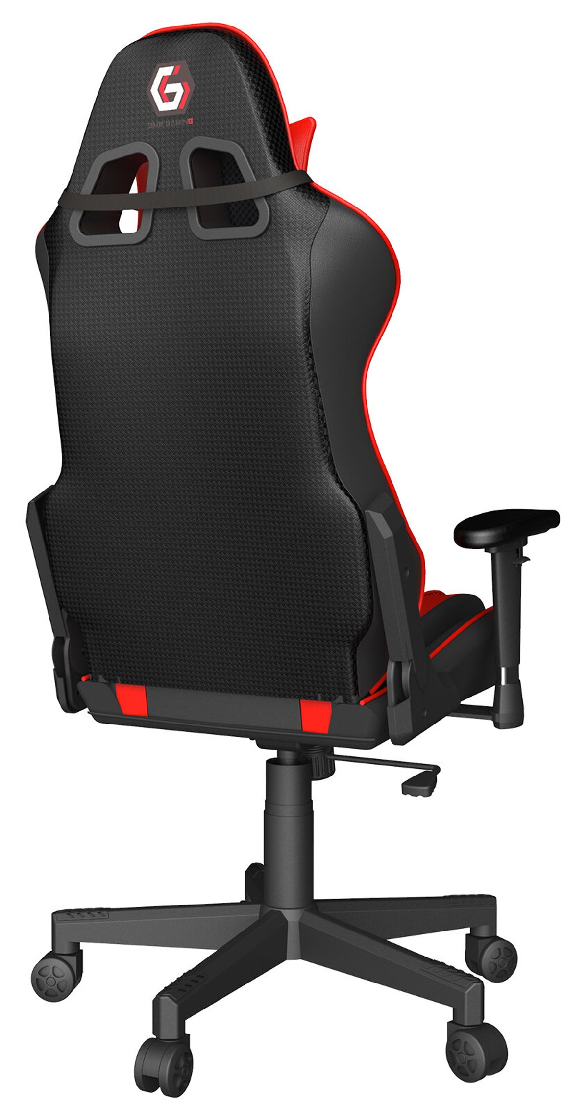 Schwarzer und roter Gaming-Stuhl. Rückansicht. Die Rückenlehne hat eine Kohlefaserkonsistenz.
