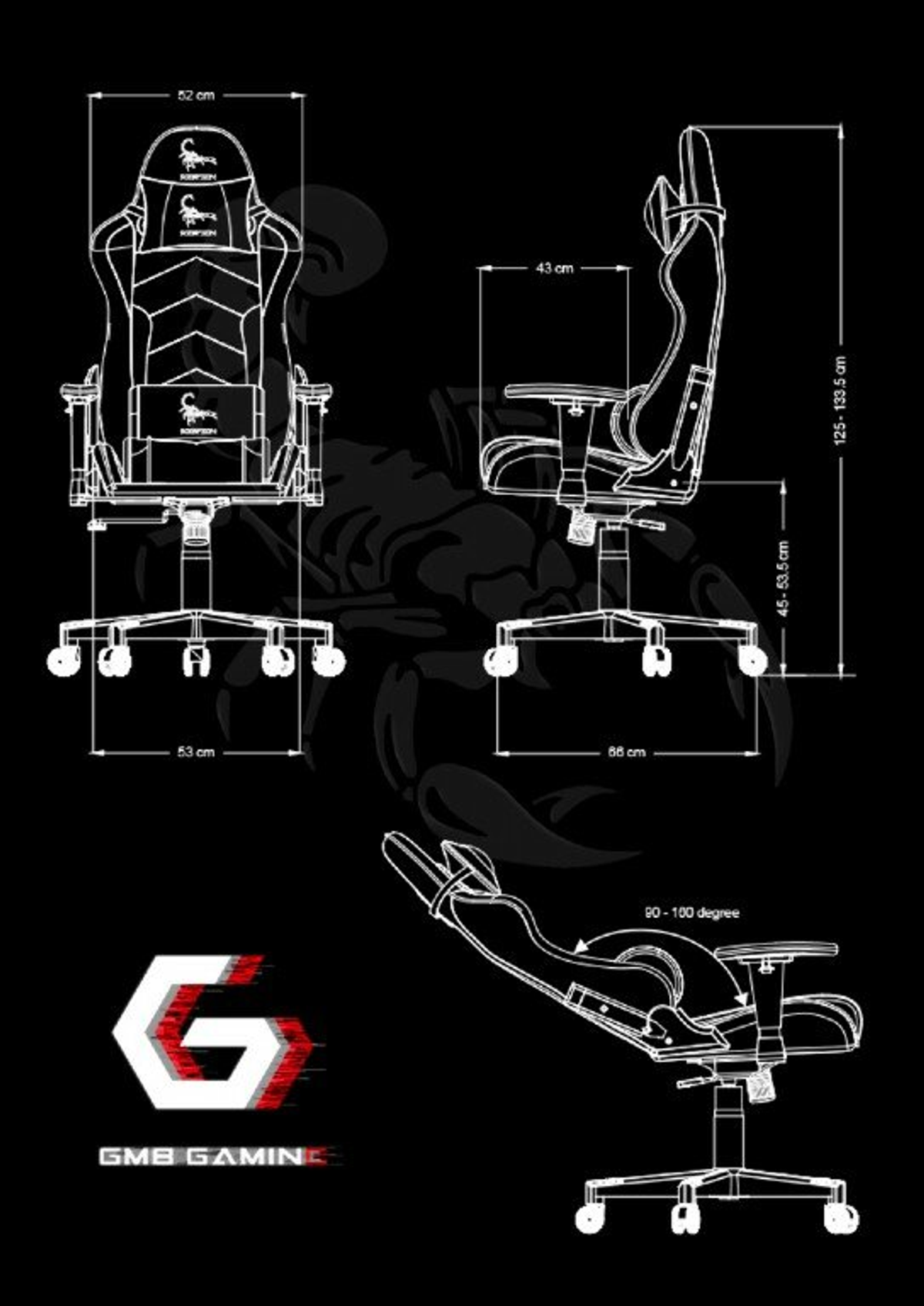 Weiße technische Zeichnung eines Gaming-Stuhls mit Maßen und Logos auf schwarzem Hintergrund.