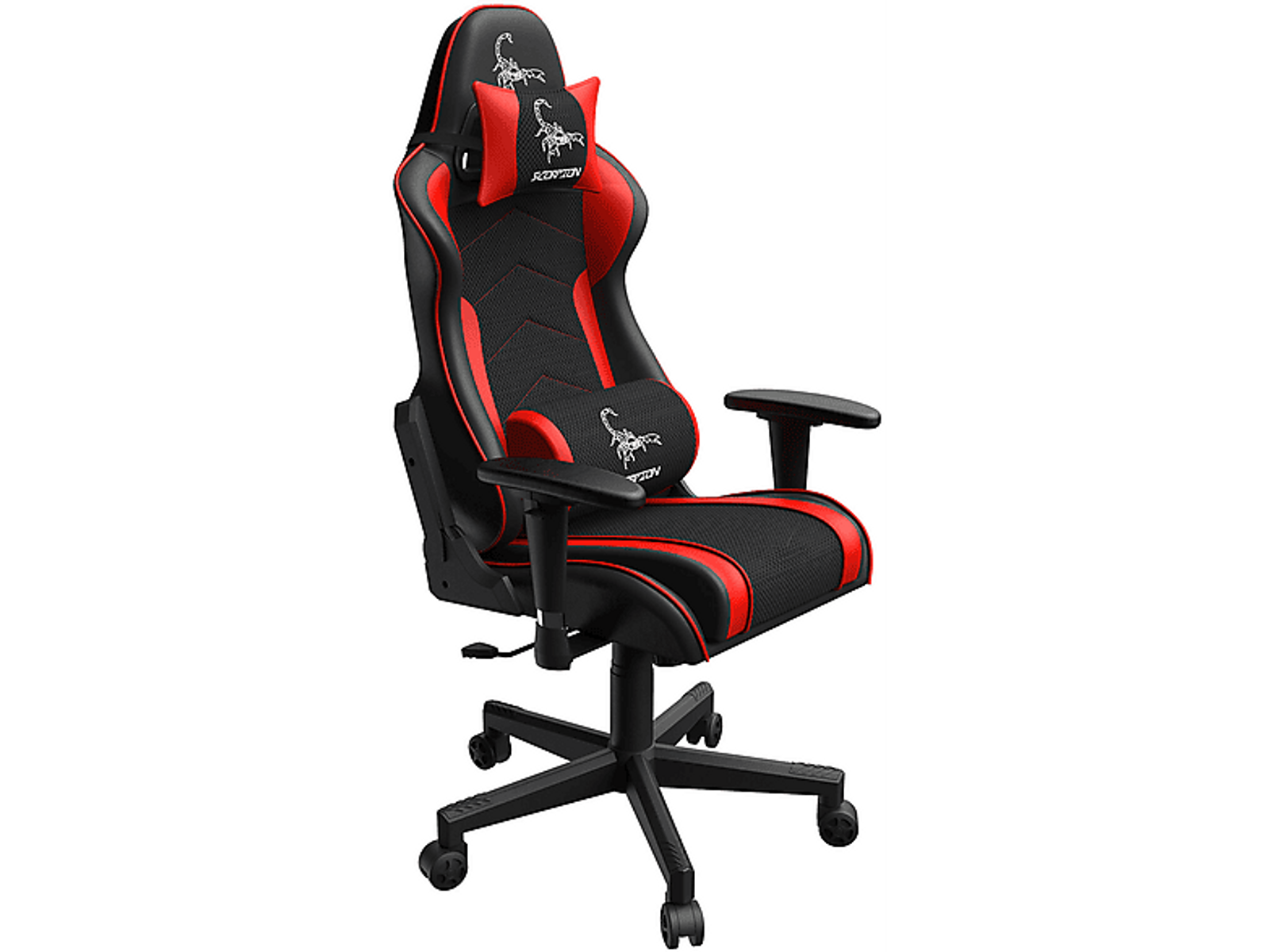 Gaming-Stuhl, schwarz und rot, mit Skorpion-Logo auf der Kopfstütze.