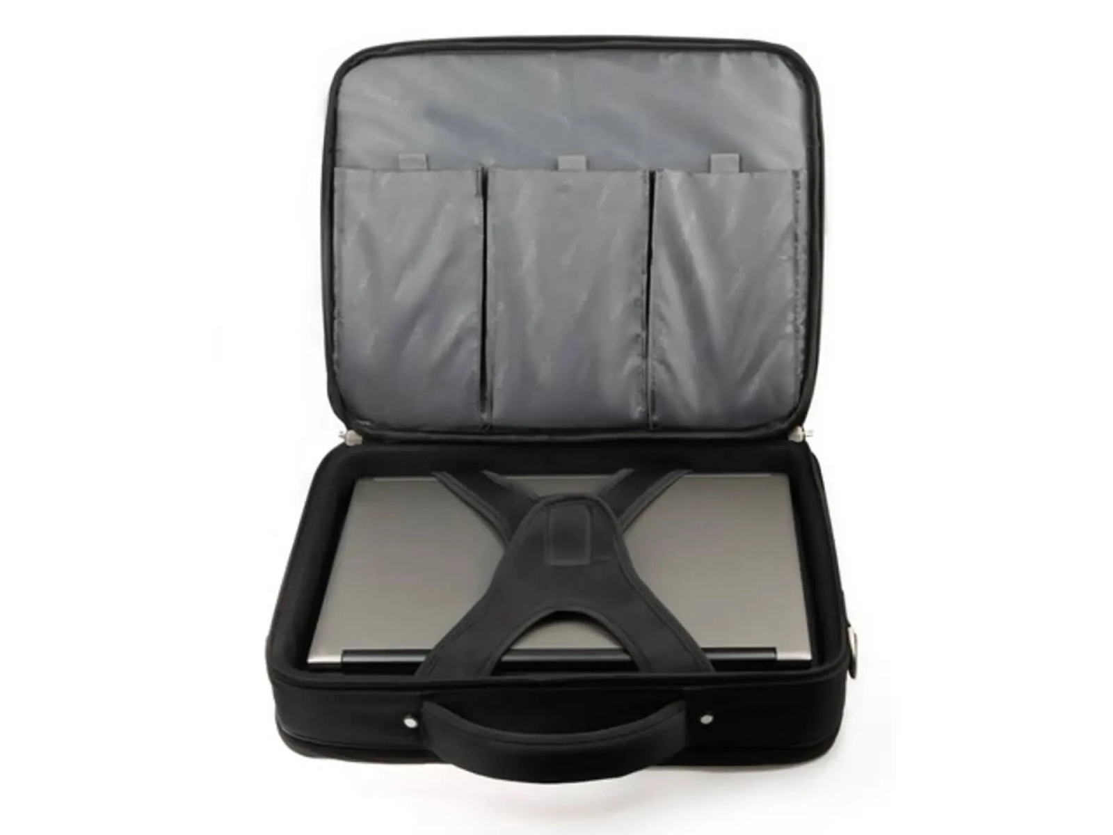 Schwarze Laptoptasche, geöffnet. Ein Laptop mit Riemen gesichert. Grauer Innenraum.