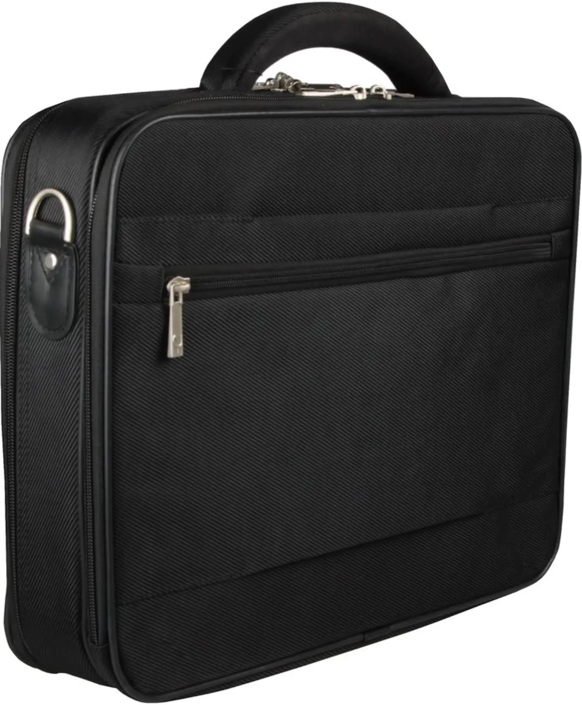 Eine schwarze Business-Aktentasche mit Griff und Riemenbefestigung.