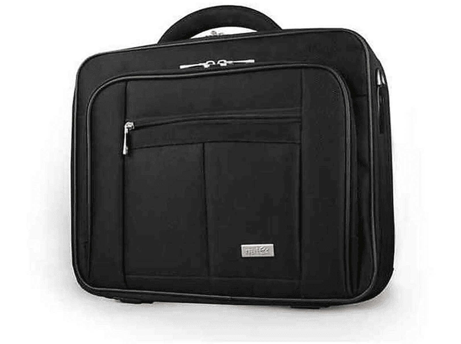 Schwarze Laptoptasche mit Griff, Fronttasche und silbernem Reißverschluss. Kleines Logo sichtbar.