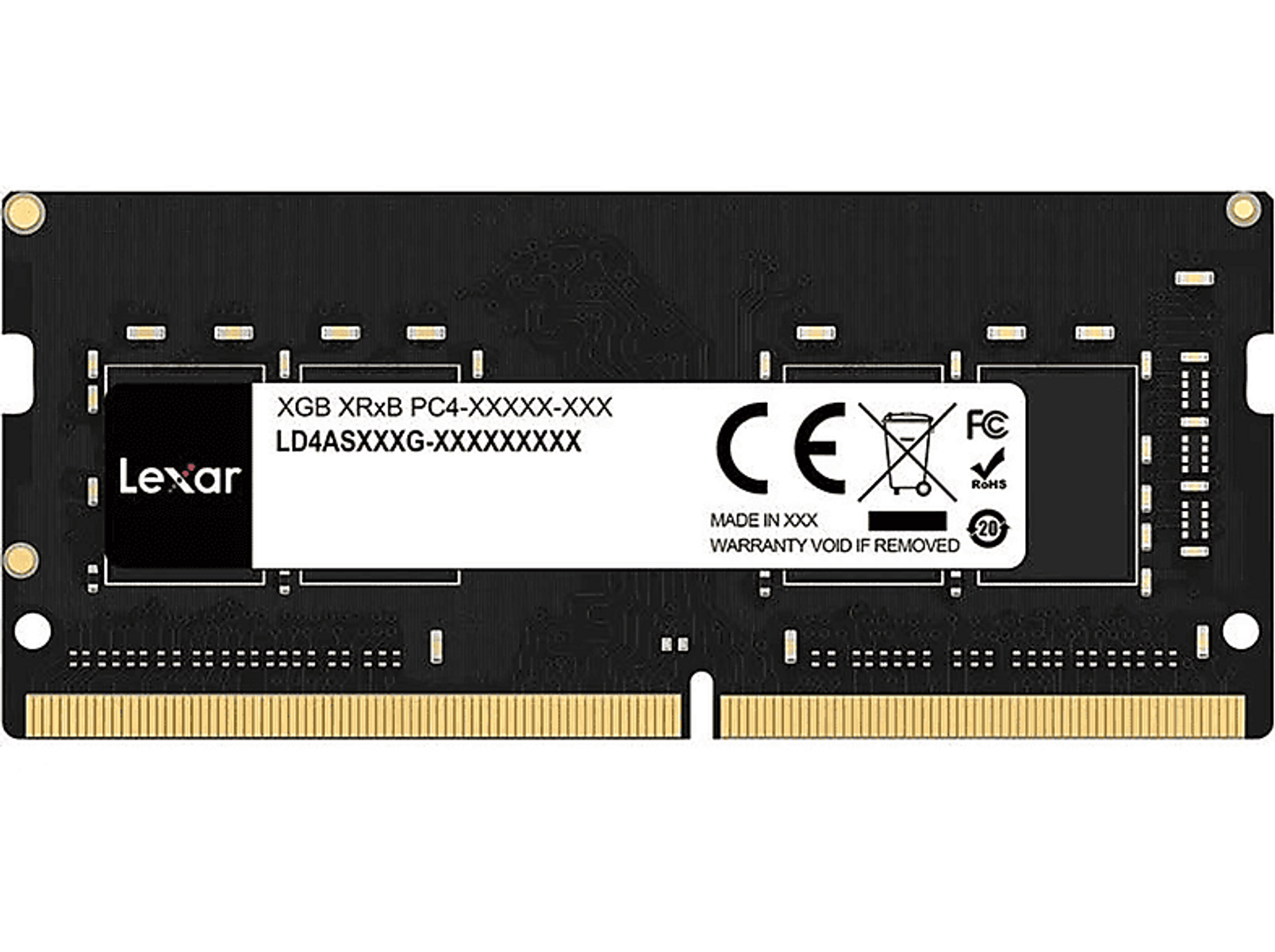 Black RAM memory module with gold connectors and a white label. Lexar and other texts are visible.