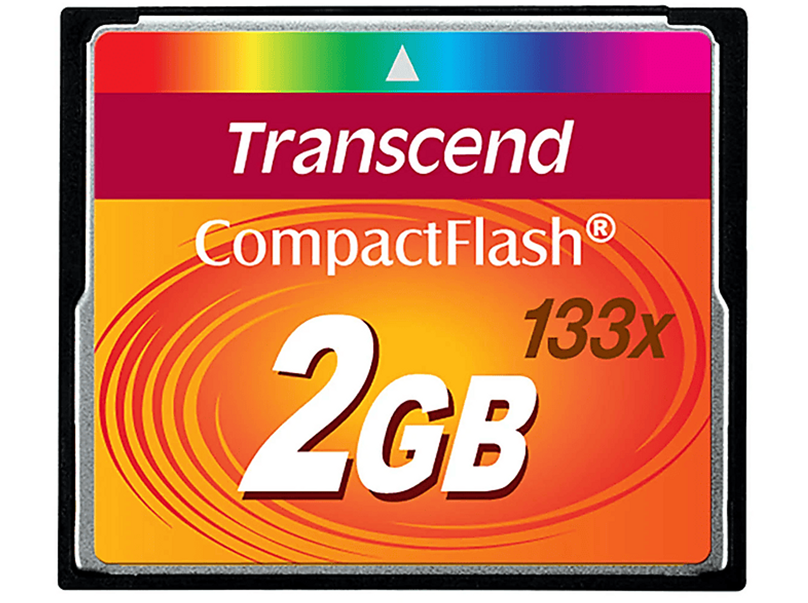 Eine Transcend CompactFlash-Karte. Sie ist orange und hat eine Kapazität von 2 GB und eine Geschwindigkeit von 133x.