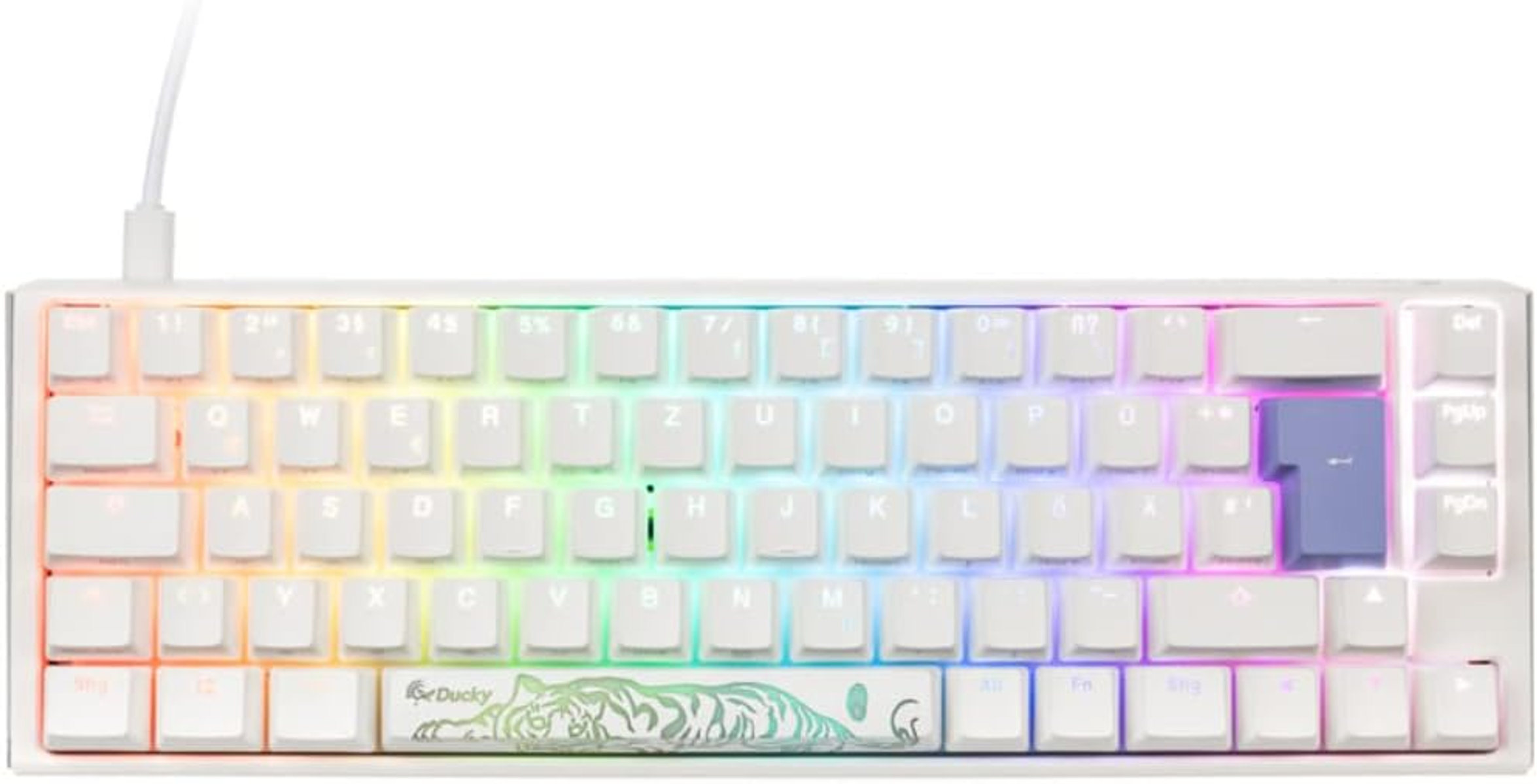 Tastiera bianca con tasti retroilluminati arcobaleno. Logo Ducky tigre. Tasto Invio viola.