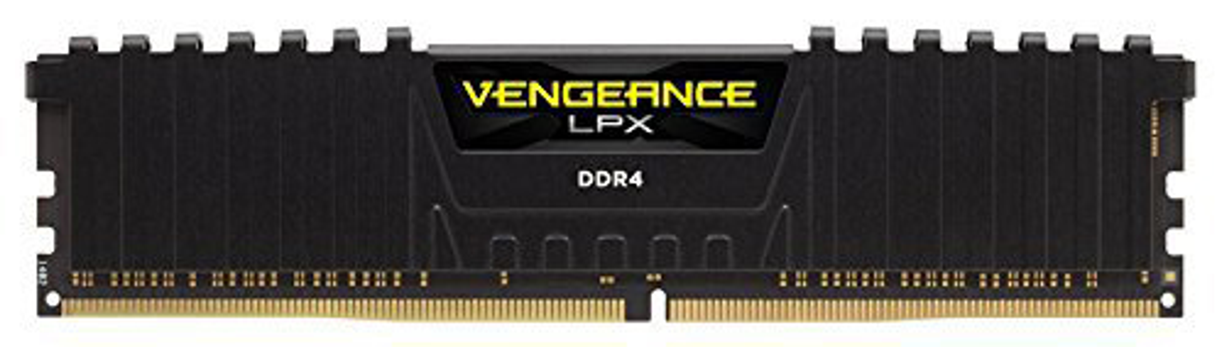 Czarny moduł RAM Corsair Vengeance LPX DDR4. Złote złącza na dole. Czarne tło.