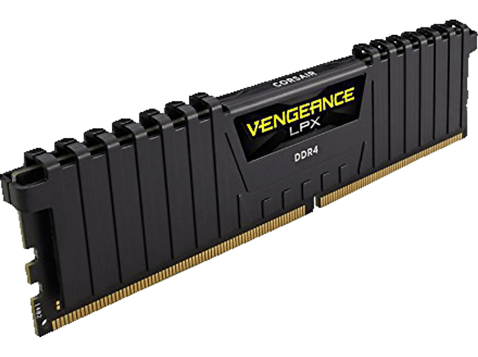 Czarny moduł RAM Corsair Vengeance DDR4 ze złotymi stykami, czarne tło.