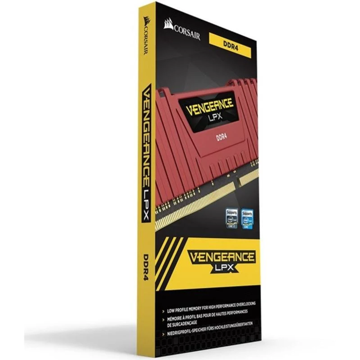 Pamięć RAM Corsair Vengeance LPX DDR4. Czerwony moduł RAM w czarno-żółtym pudełku, ze szczegółami produktu.