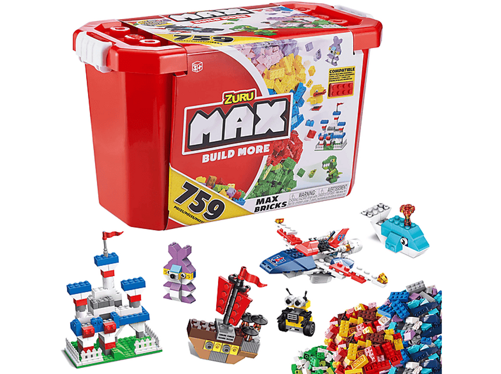 Eine rote Plastikbox voller bunter Spielzeugbausteine und mehrerer zusammengebauter Spielzeugmodelle.