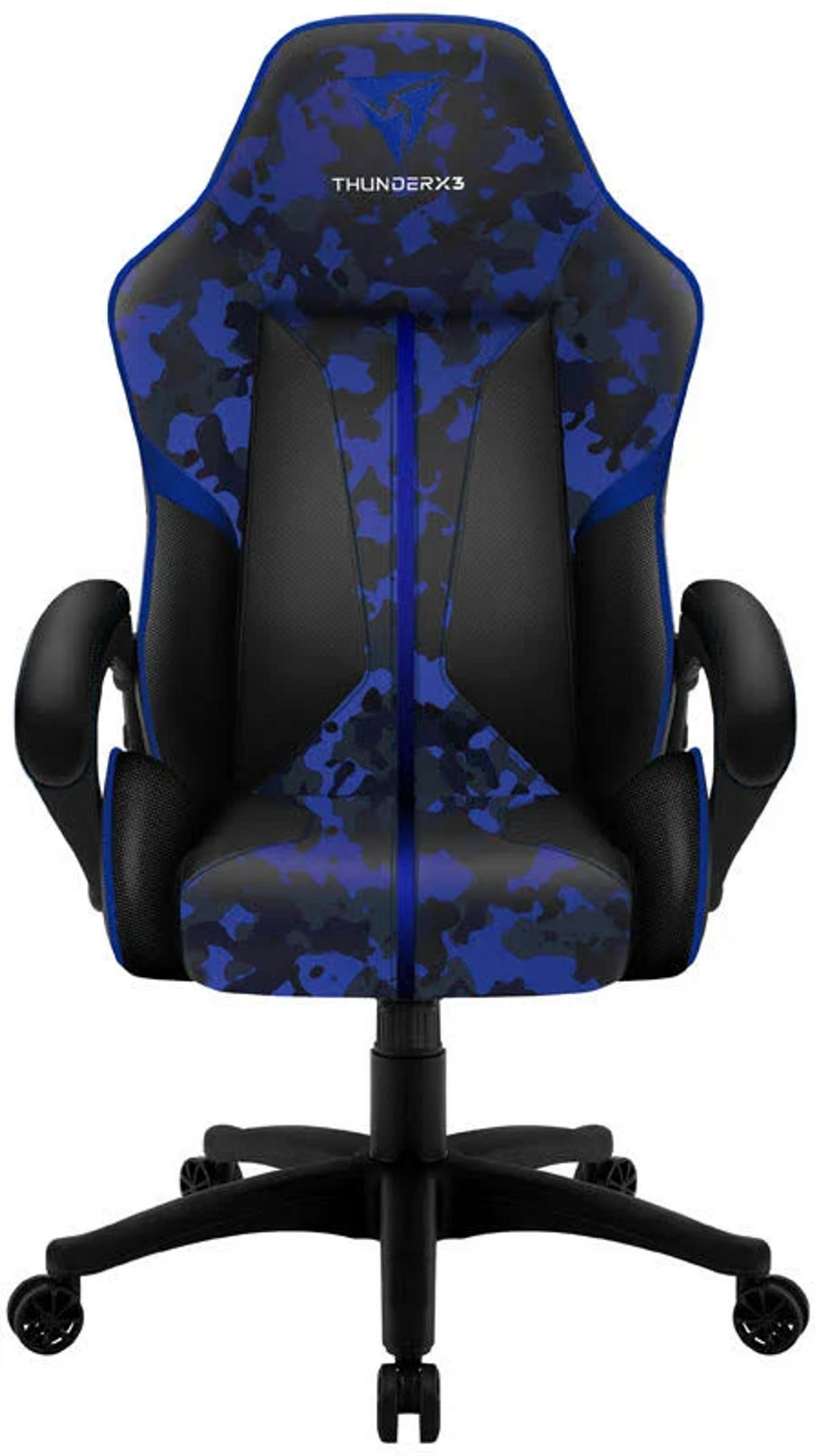 Schwarzer und blauer ThunderX3 Gaming-Stuhl mit Tarnmuster und Rollen.