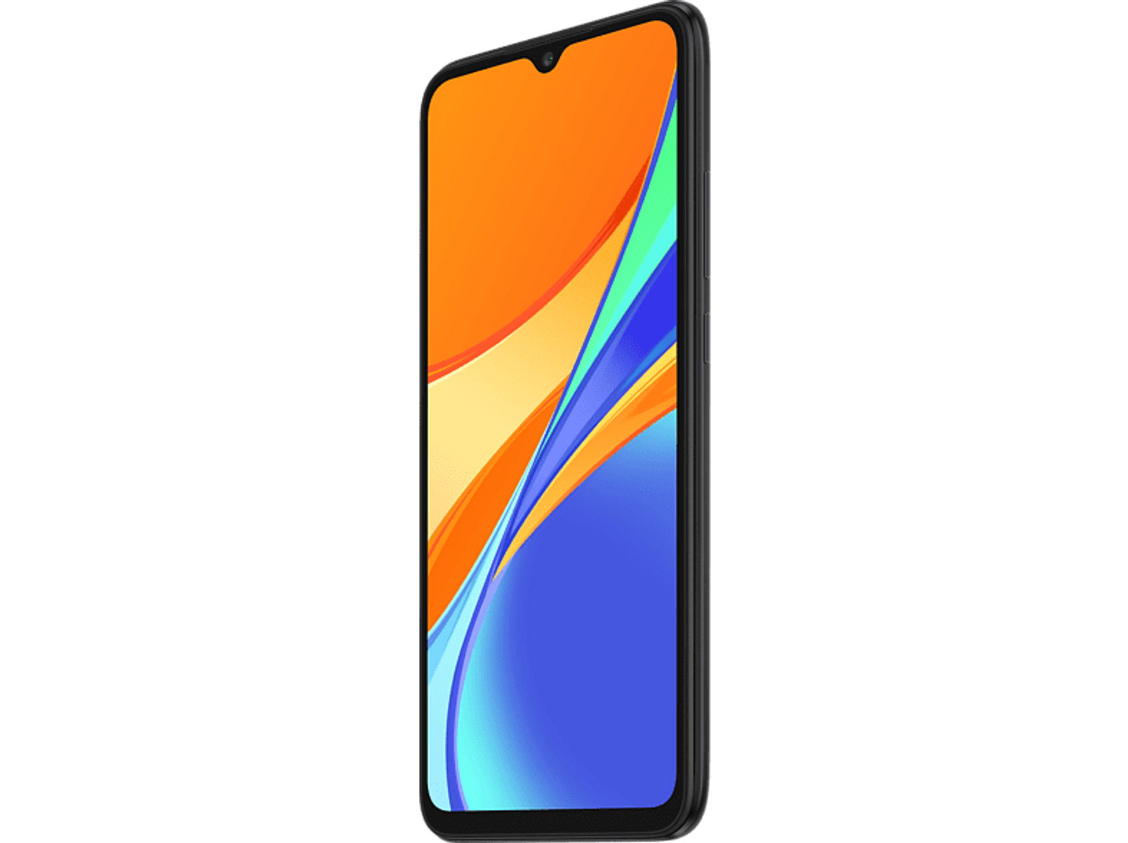 Ein Smartphone mit orangefarbenem und blauem Display. Das Telefon ist schwarz und nach rechts abgewinkelt.