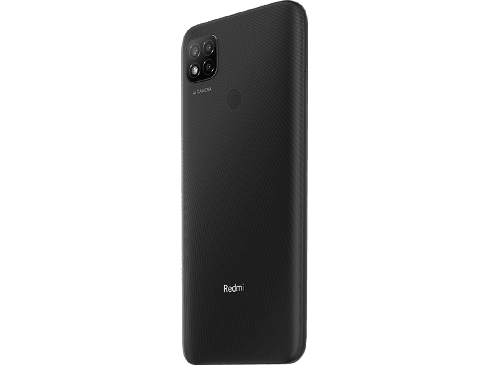 Schwarzes Redmi-Telefon, Rückansicht. Mehrere Kameras. Redmi-Logo. Schwarzer Hintergrund.