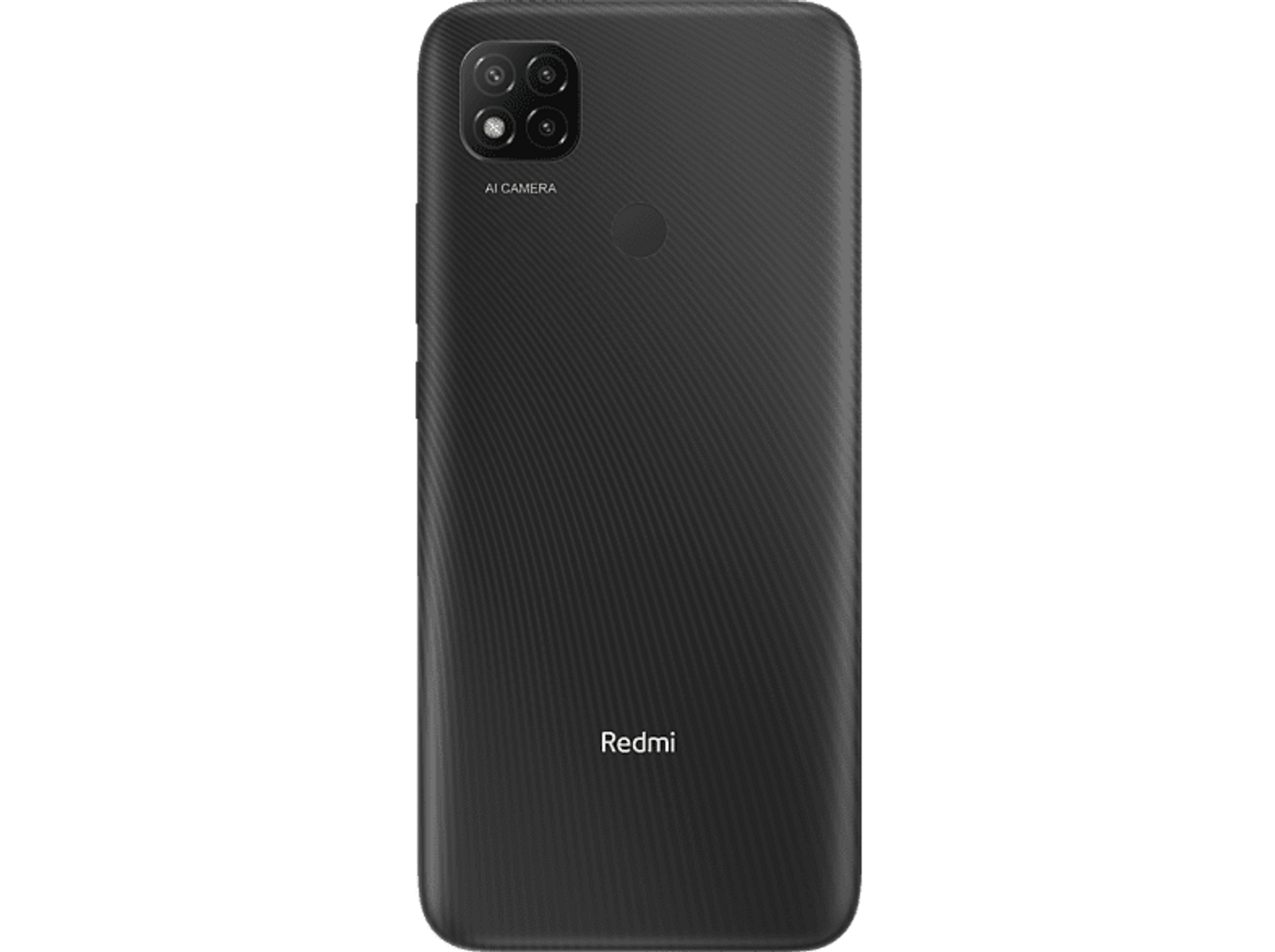 Schwarze Redmi-Telefonrückseite mit drei Kameras, AI-Label und Redmi-Logo.