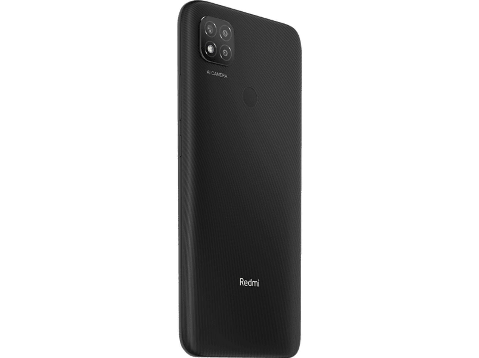 Schwarzes Smartphone mit Dreifach-Kamera auf der Rückseite. Redmi-Logo ist sichtbar.