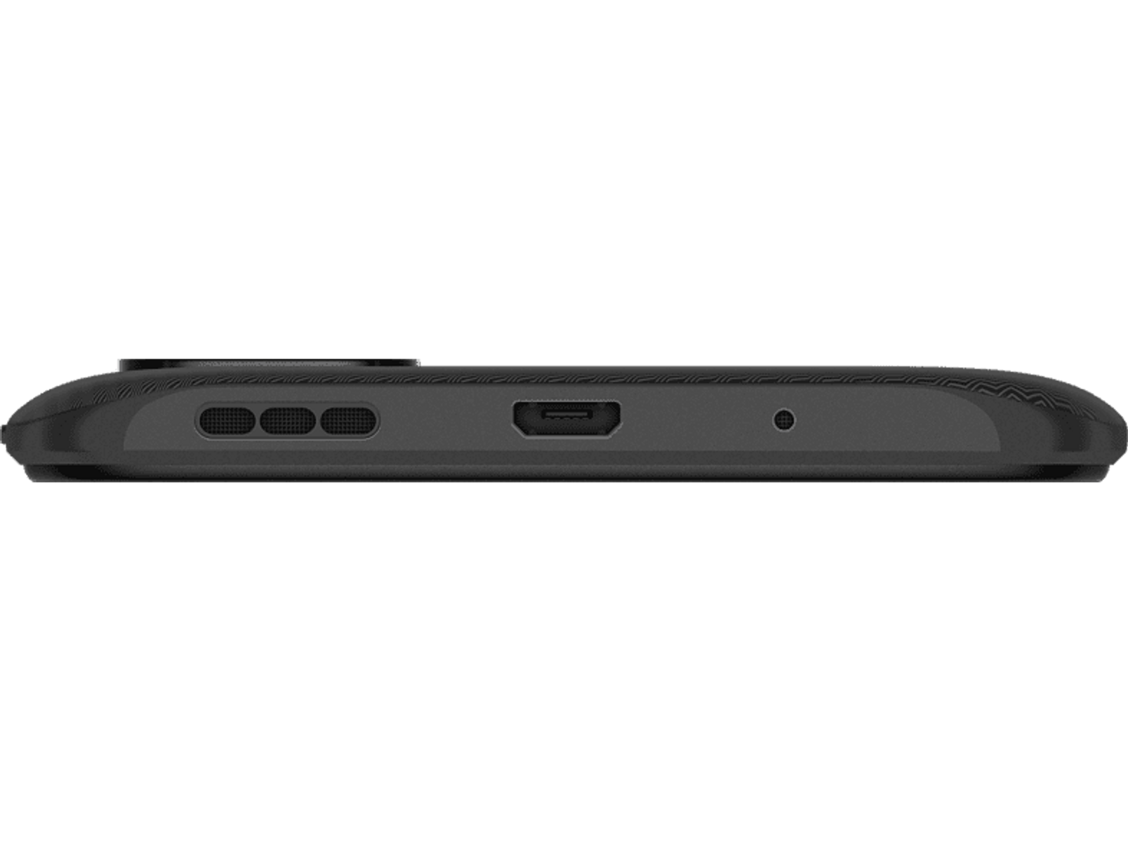 Nahaufnahme der Unterkante eines schwarzen Telefons. Es hat einen USB-C-Anschluss, Lautsprecherlöcher und ein Mikrofon.