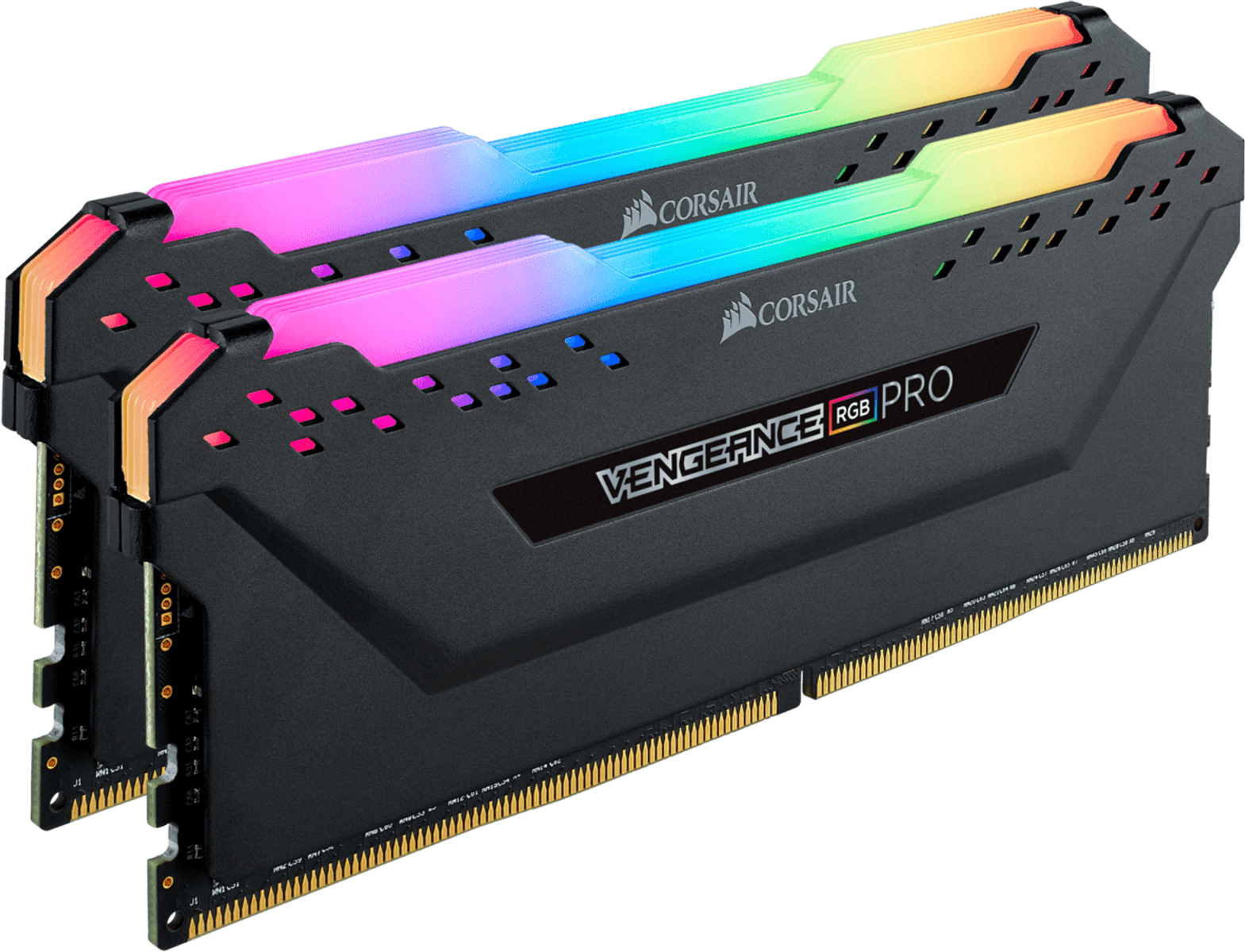 Dos memorias RAM negras con iluminación RGB. La marca es Corsair Vengeance Pro.