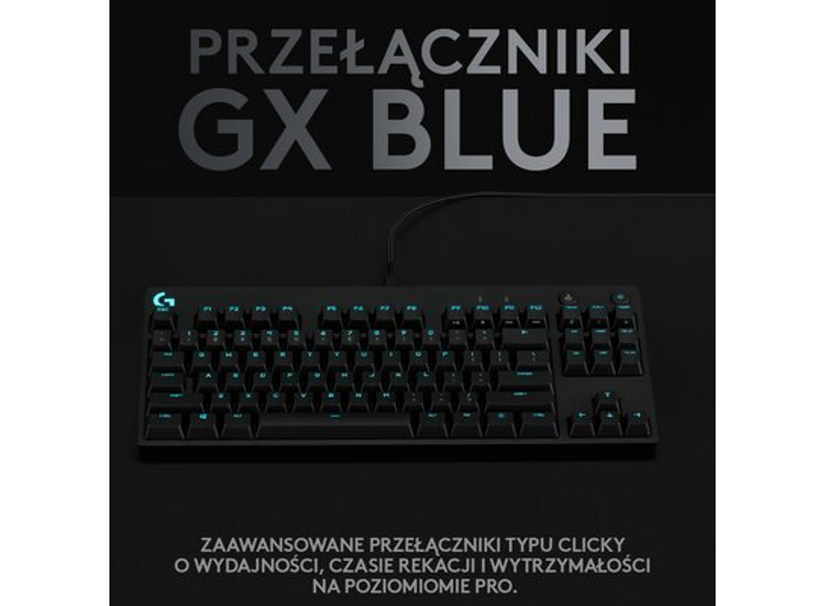 Schwarze mechanische Tastatur mit blau beleuchteten Tasten und Text auf Polnisch.