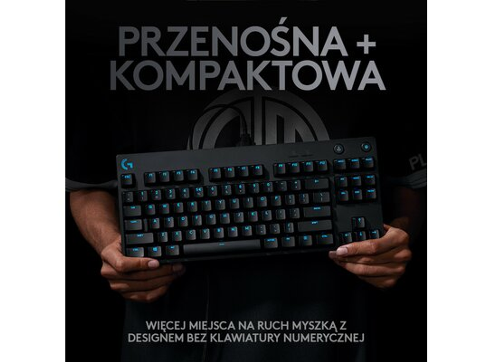 Eine Person hält eine schwarze mechanische Tastatur. Der Text oben lautet: Tragbar + Kompakt.