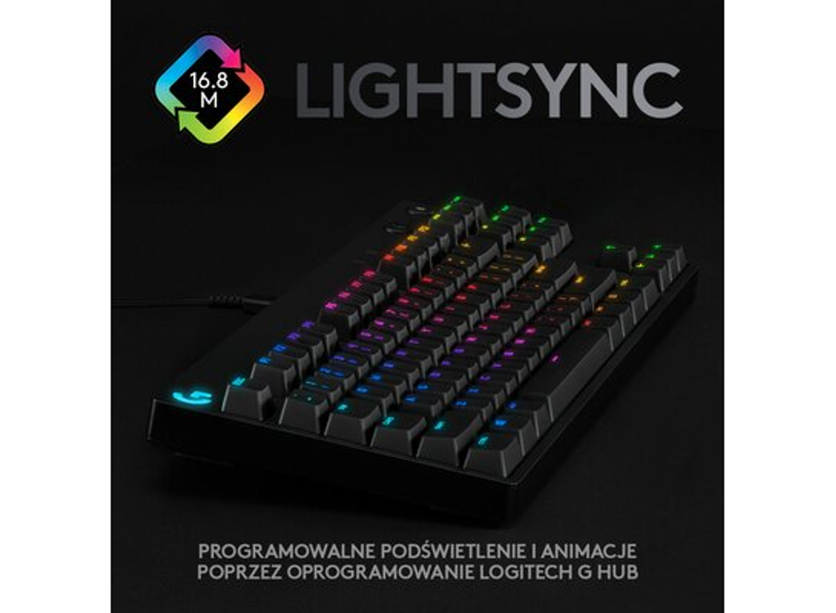 Schwarze Tastatur mit mehrfarbigen Lichtern und einem Logitech-Logo.