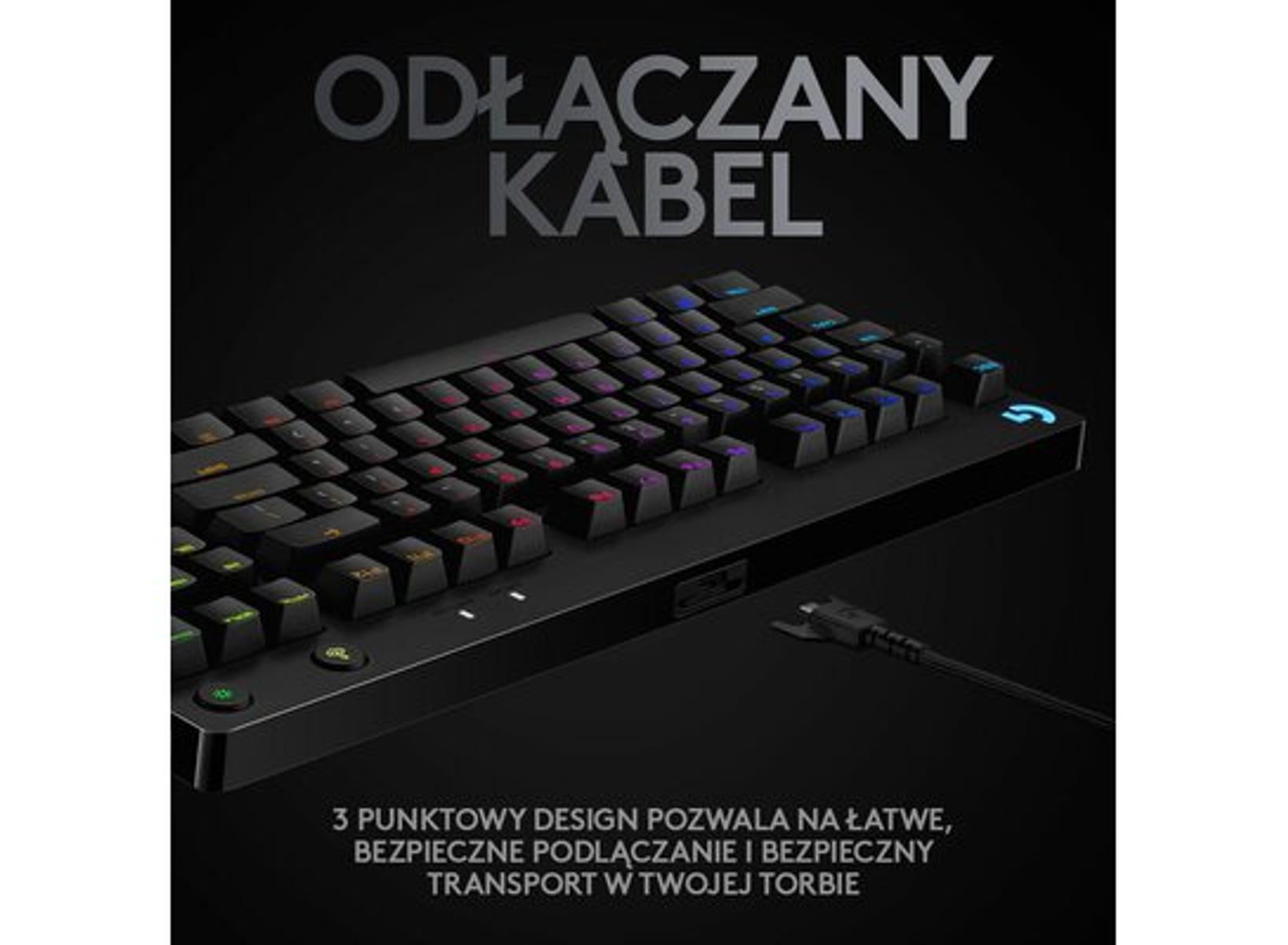 Schwarze Tastatur mit bunten Tasten. Text oben: abnehmbares Kabel.