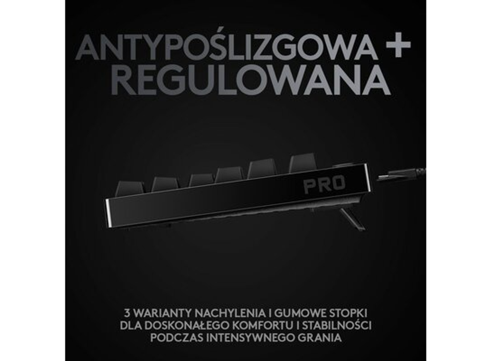 Schwarze Tastatur mit Pro-Label und Text darunter.