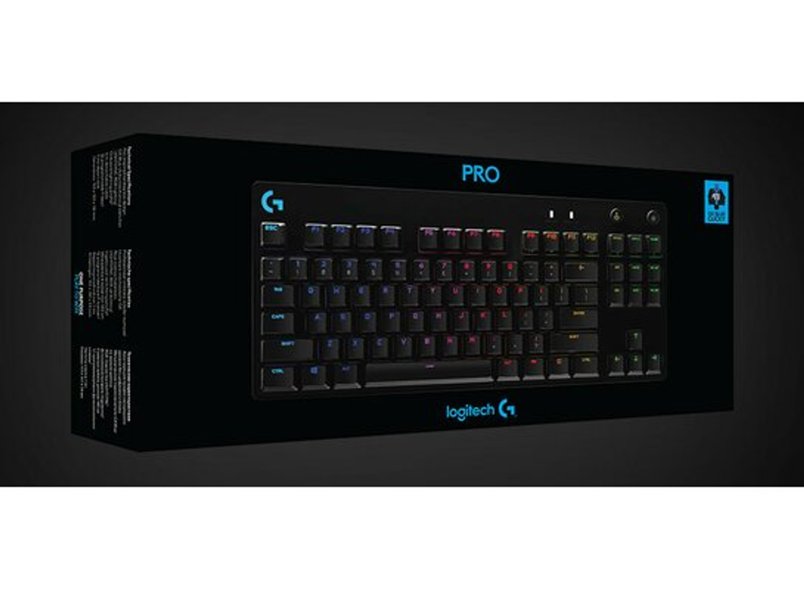 Schwarze Logitech G Pro Tastatur in einer Box mit RGB-Beleuchtung.