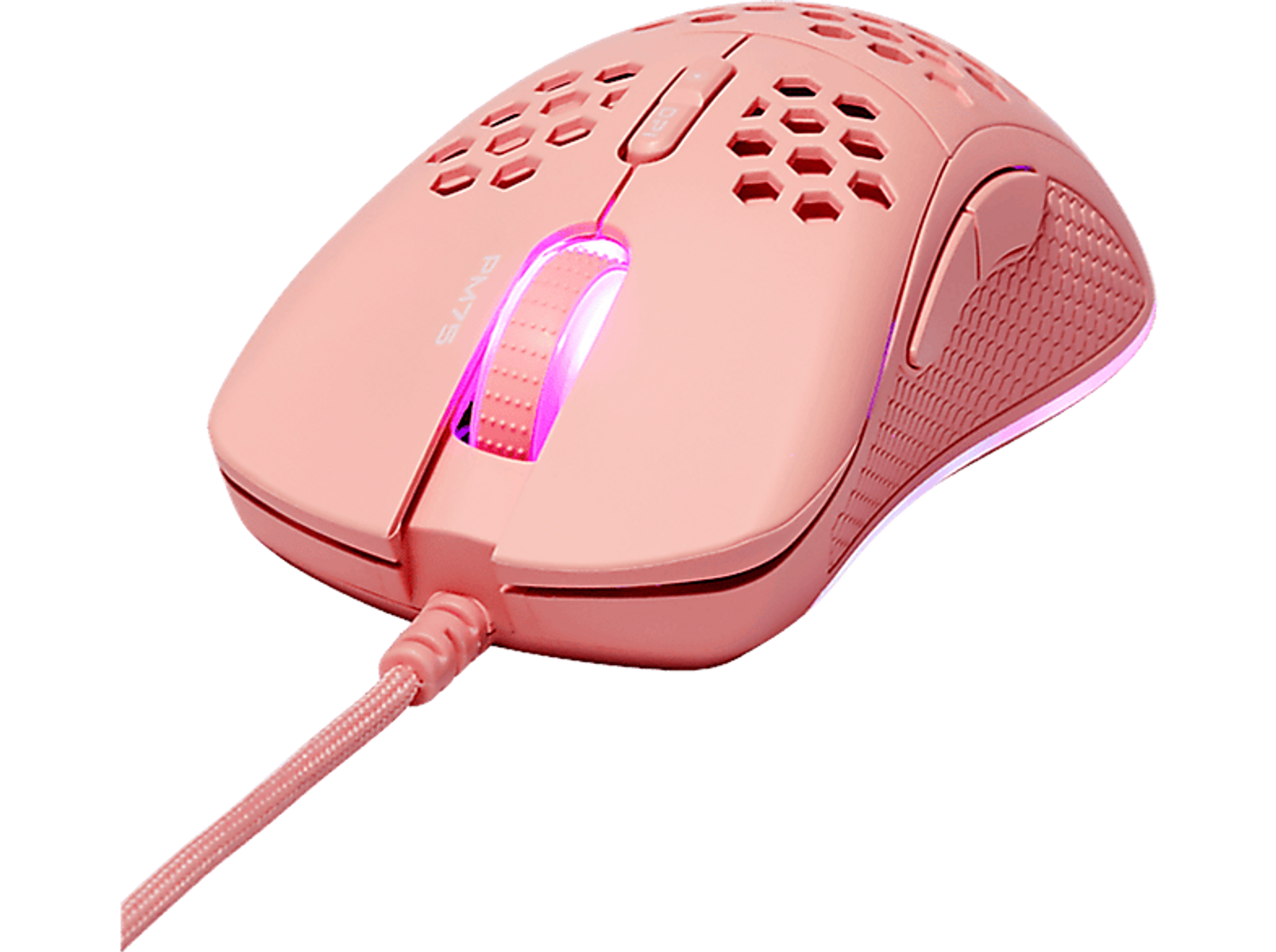 Różowa mysz gamingowa z wzorem plastra miodu i oświetleniem, połączona różowym kablem.