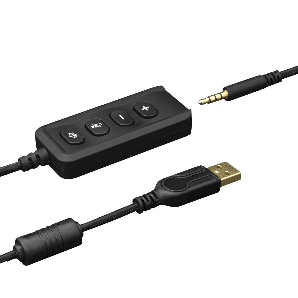 Scatola di controllo nera con pulsanti, jack da 3,5 mm e cavo USB su sfondo nero.