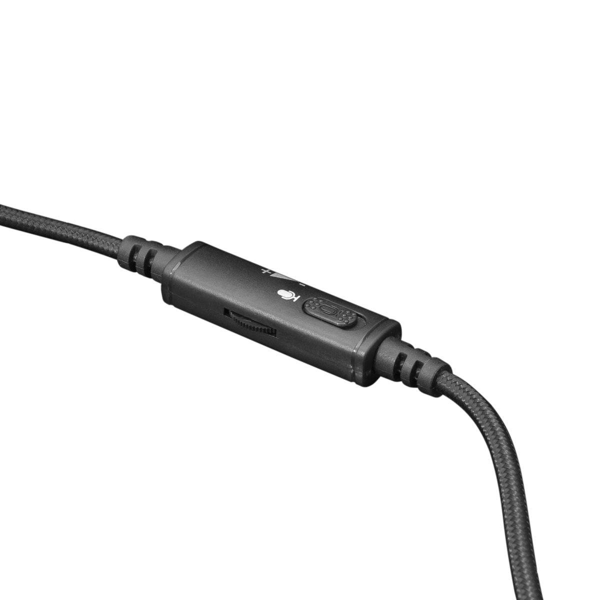 Controller microfono in linea nero, con pulsanti e un cavo.