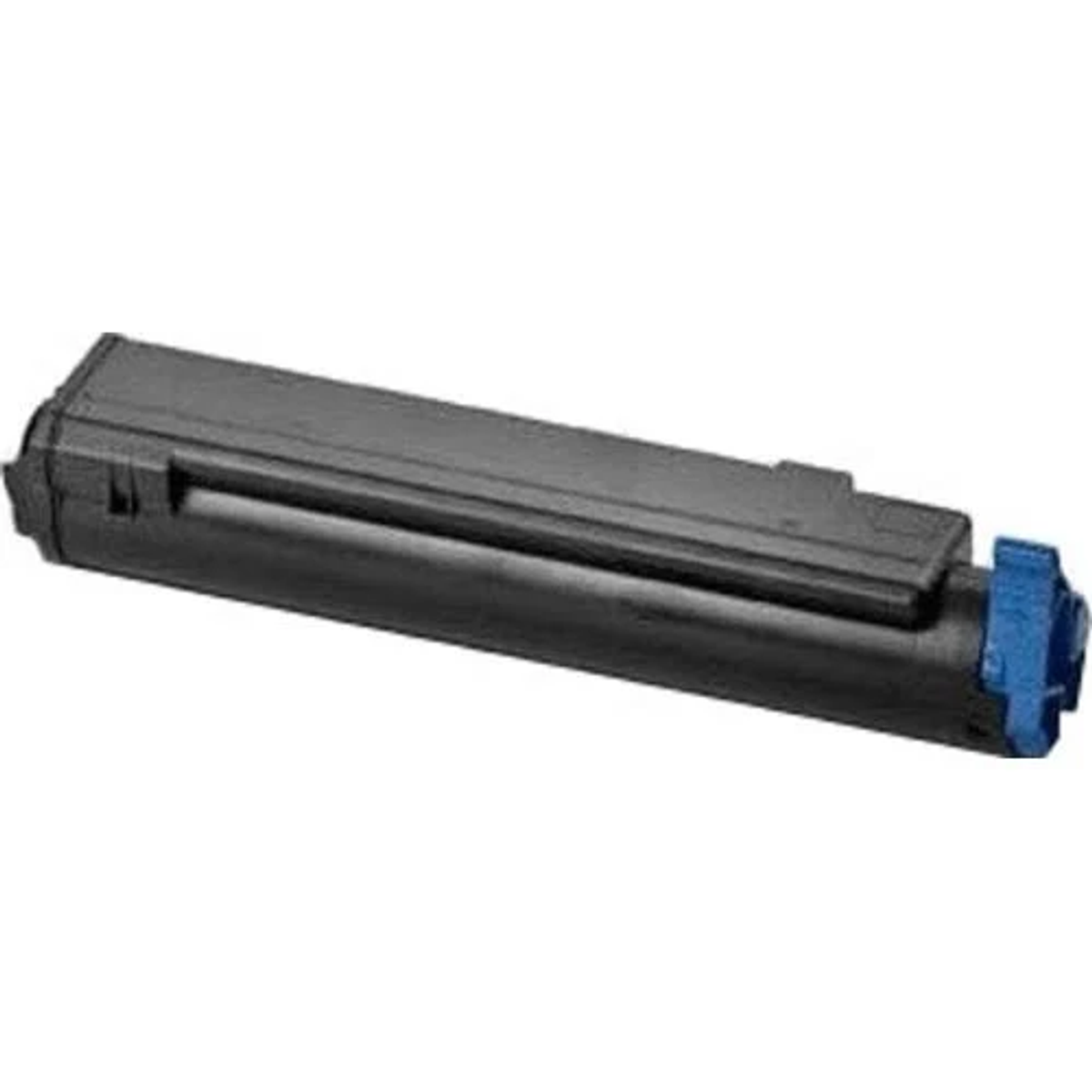 Czarny wkład z tonerem z niebieskim zakończeniem, na białym tle.