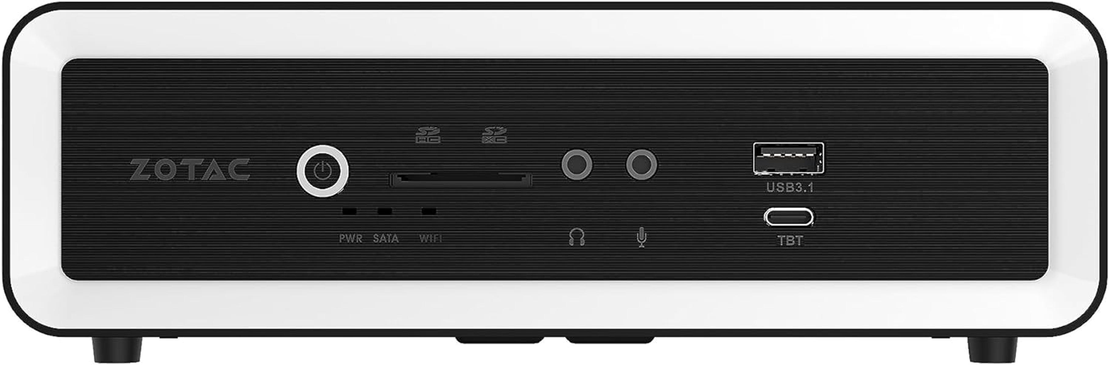 Mini-PC-Vorderansicht mit Anschlüssen, ZOTAC-Logo und Ein/Aus-Taste.