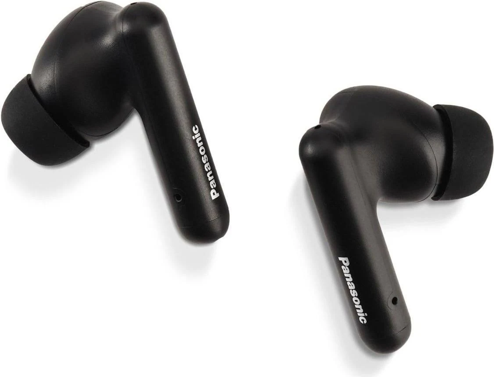 Zwei schwarze Panasonic-Ohrhörer. Einer links, einer rechts. Beide haben eine abgerundete Form und einen hervorstehenden Stiel.
