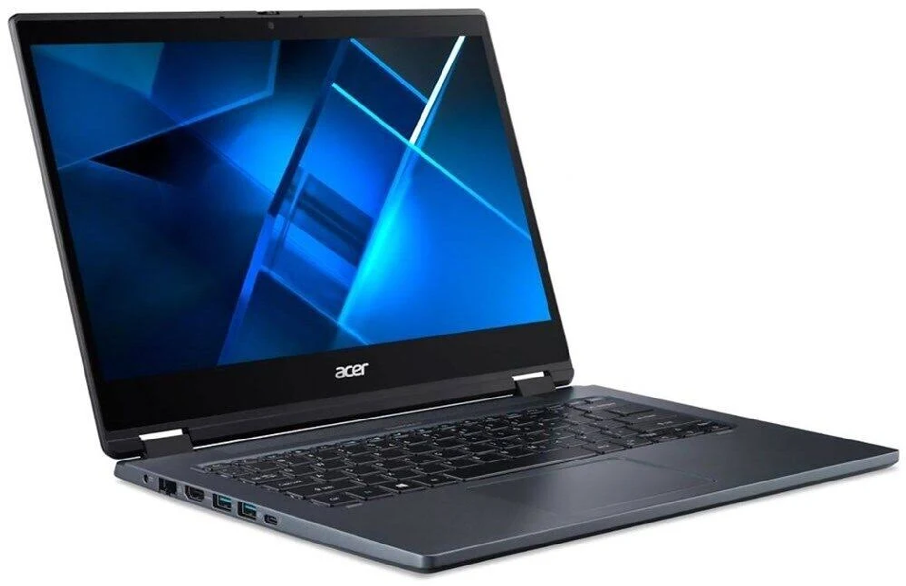 Un laptop Acer grigio scuro con schermo blu, aperto su una superficie bianca.