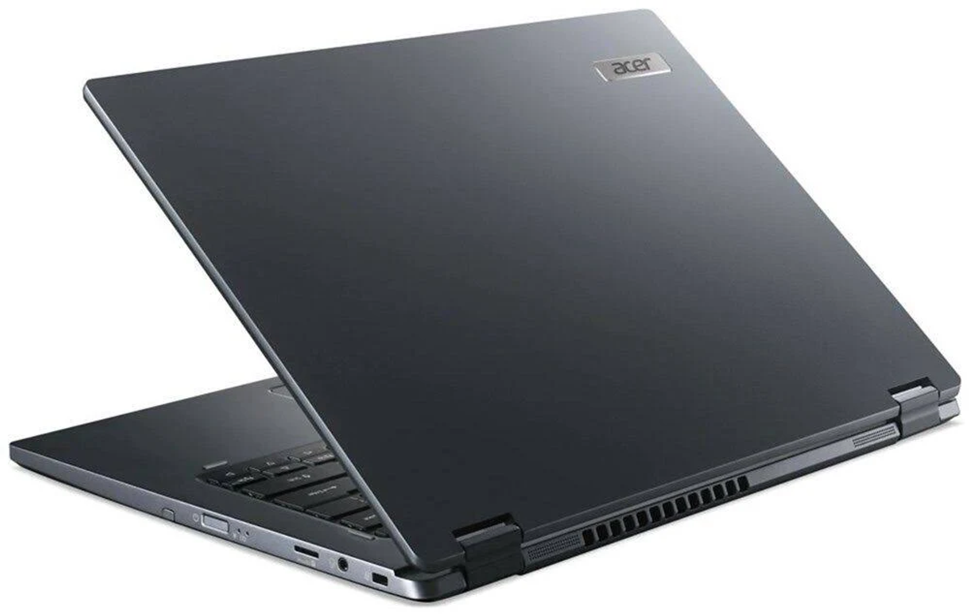 Un laptop Acer nero, leggermente aperto, che mostra la cerniera e la parte superiore della tastiera.