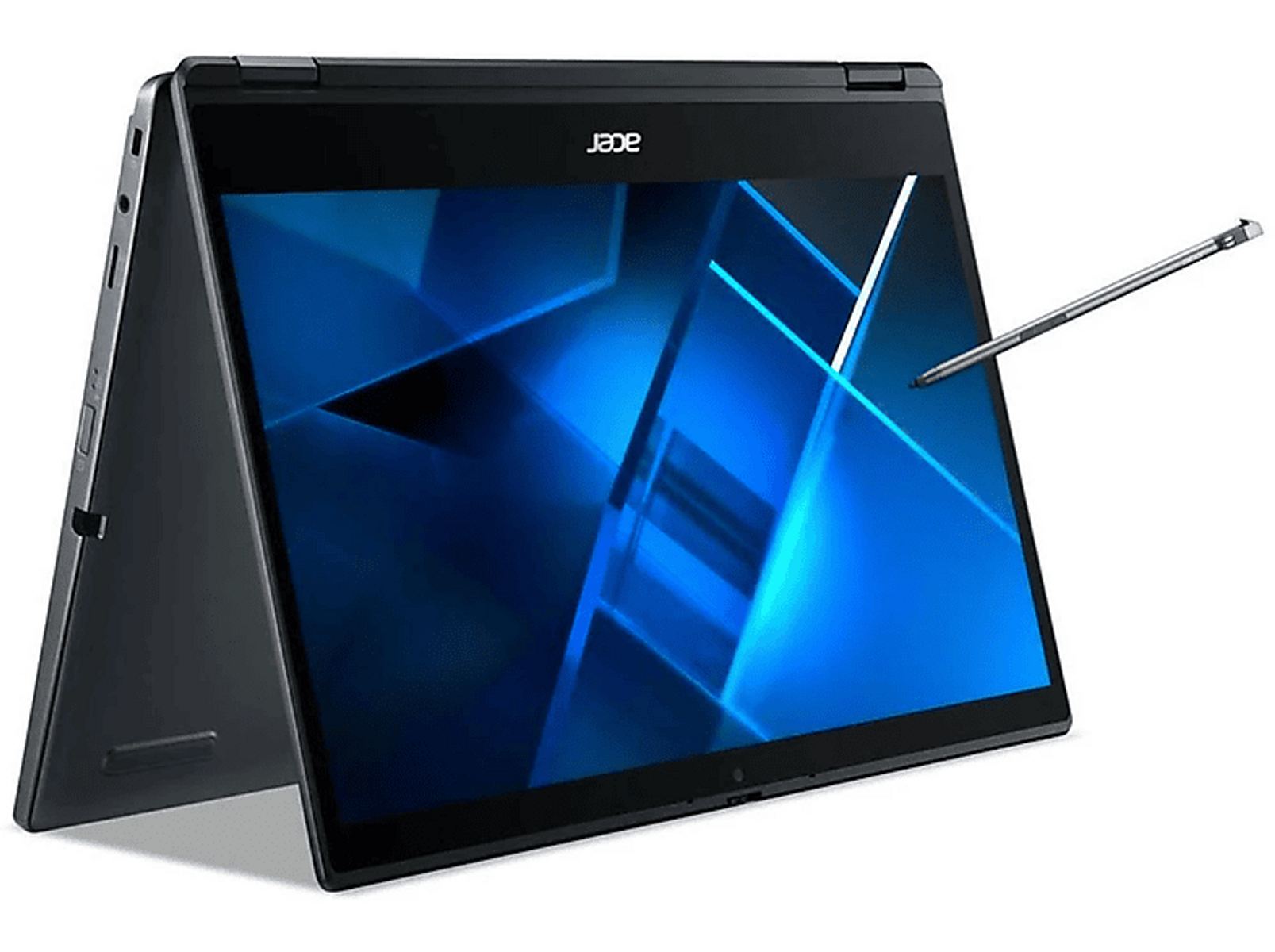 Laptop Acer, schermo aperto che mostra un design blu e nero, con una penna. Sfondo bianco.