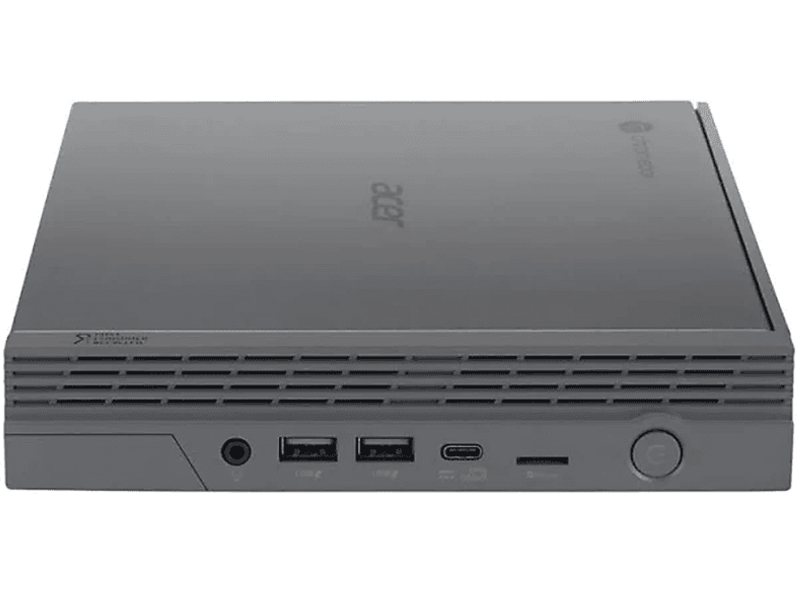 Chromebox Acer grigia. Il dispositivo è rettangolare con porte e un pulsante di accensione.