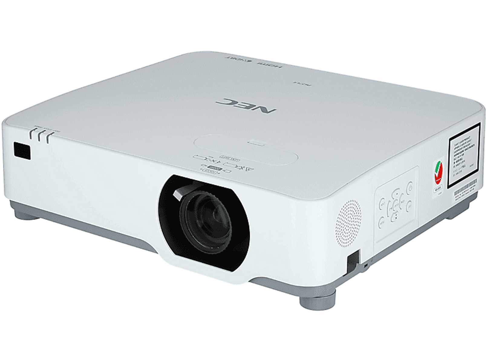 Biały projektor z logo NEC. Stoi na białej powierzchni.