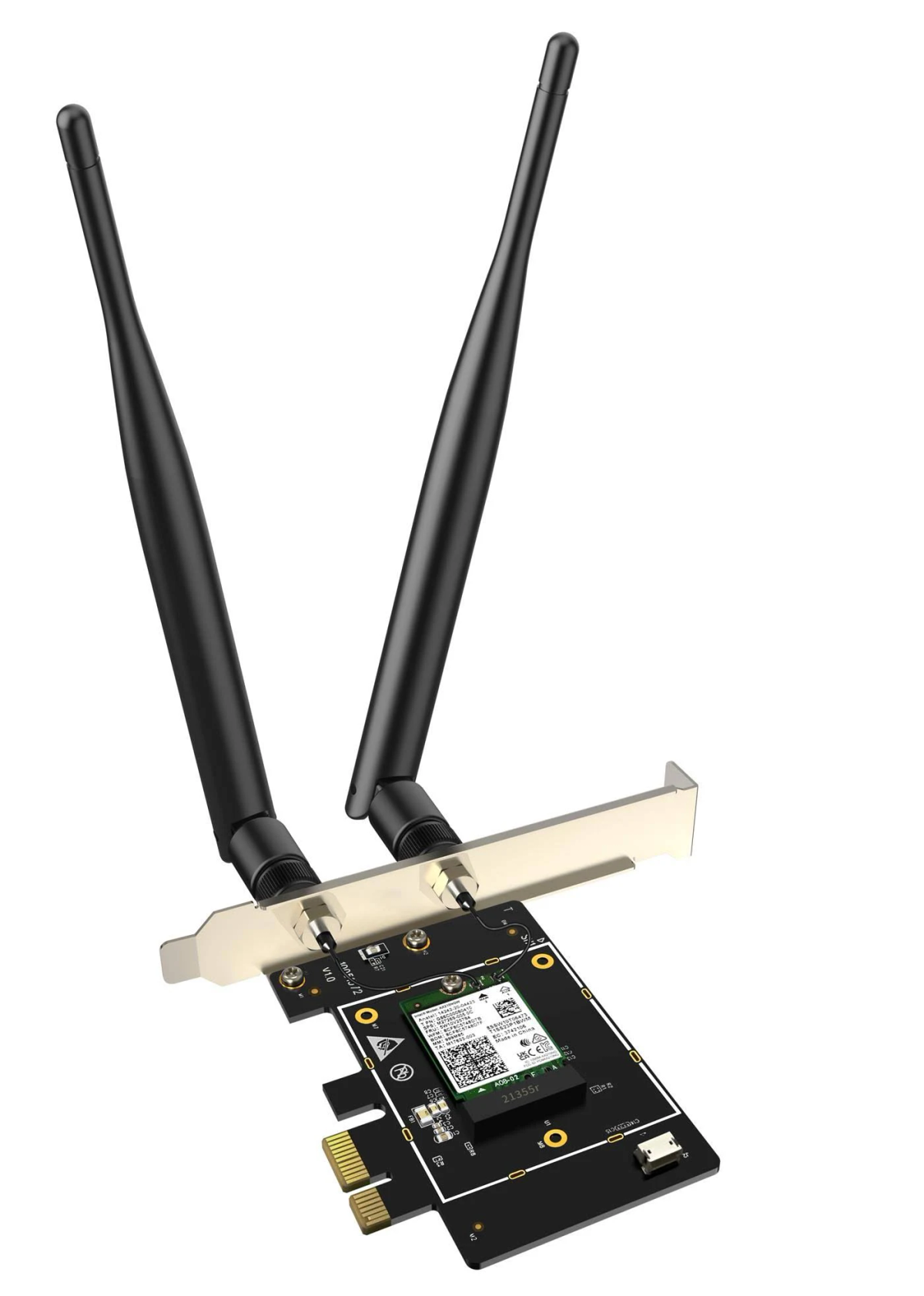 Eine PCI-e-Karte mit zwei Antennen. Die Karte ist schwarz und hat goldfarbene Anschlüsse.