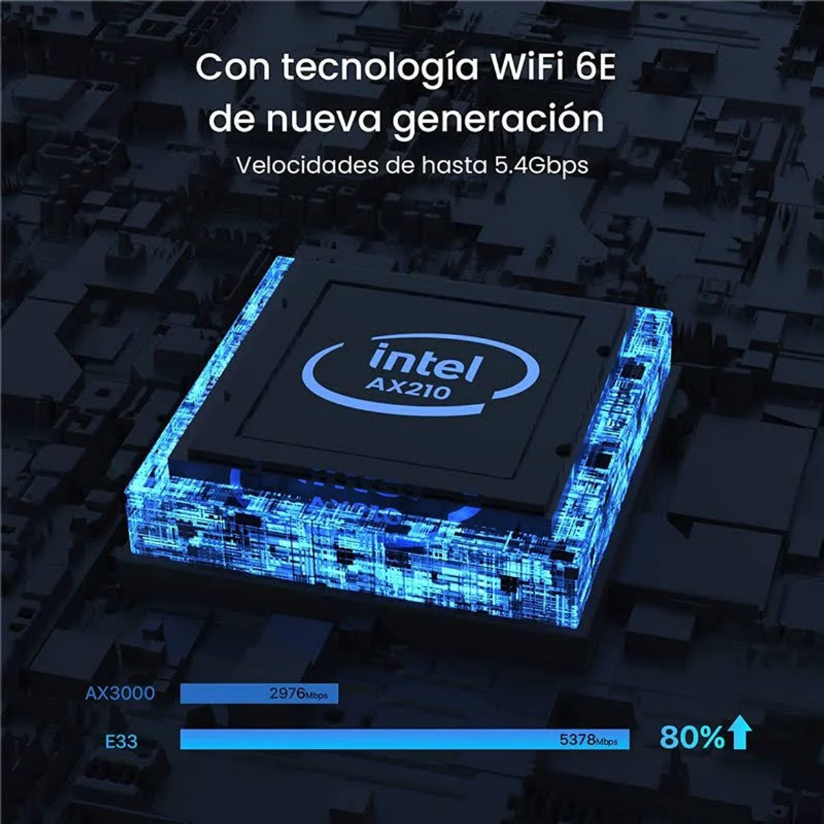 Blau beleuchteter Intel AX210 Chip mit Text, 'Con tecnología Wifi 6' und Geschwindigkeitsdetails.