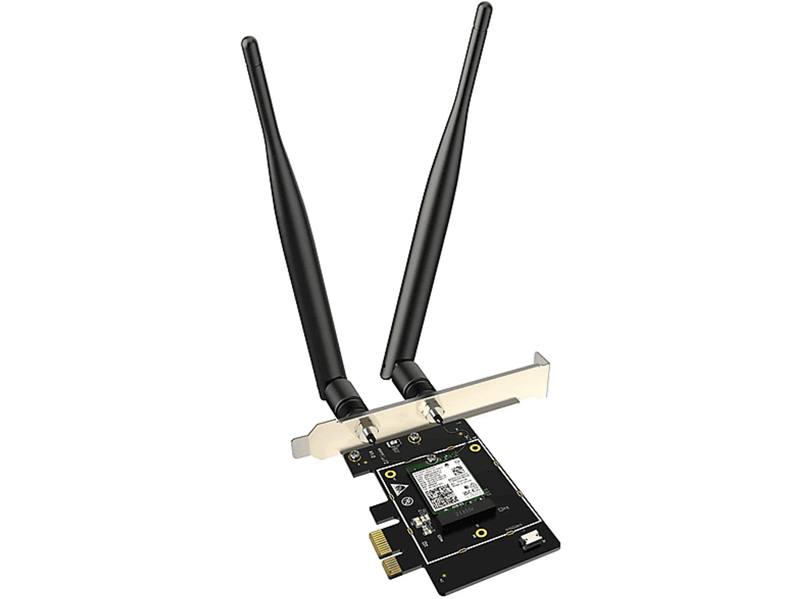 Eine schwarze WLAN-Adapterkarte mit zwei nach oben gerichteten Antennen.