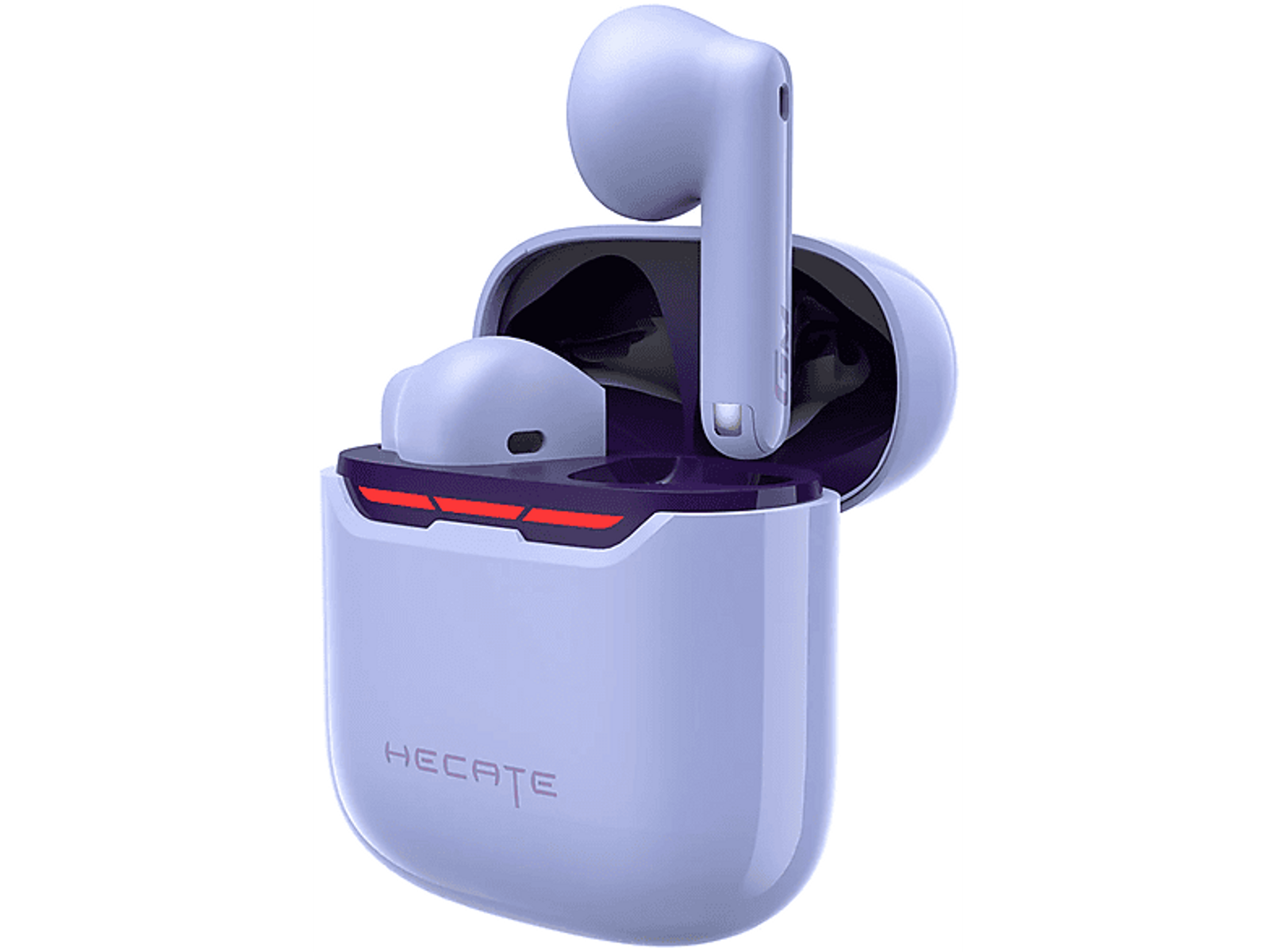 Auricolari HECATE viola in una custodia di ricarica, con dettagli rossi, su sfondo nero.