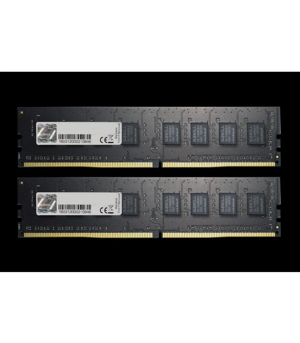 Dwa moduły RAM, czarne. Etykiety widoczne. Złote złącza na dole.