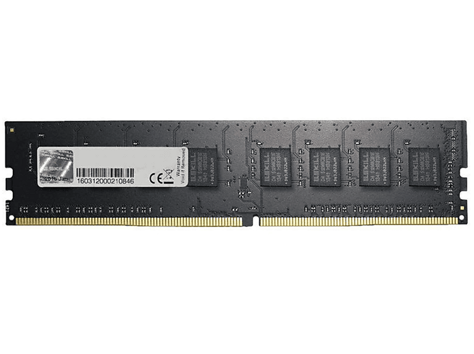 Moduł RAM ze złotymi stykami. Czarna płytka PCB, biała etykieta z tekstem i kilka czarnych układów scalonych.