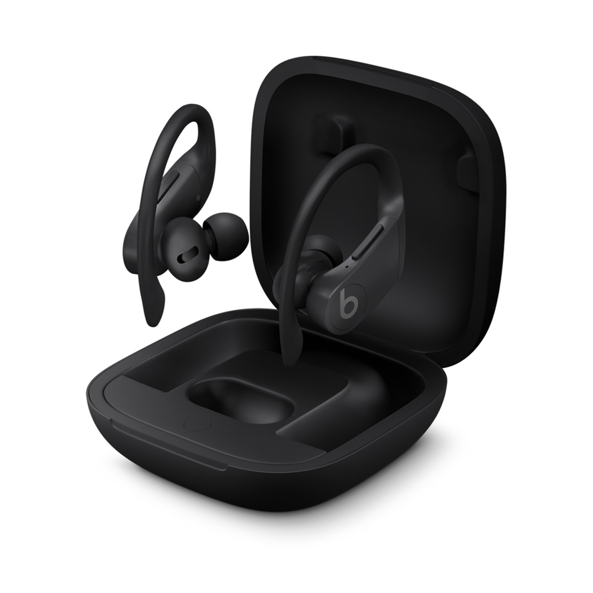 Black wireless earbuds with charging case. White background.