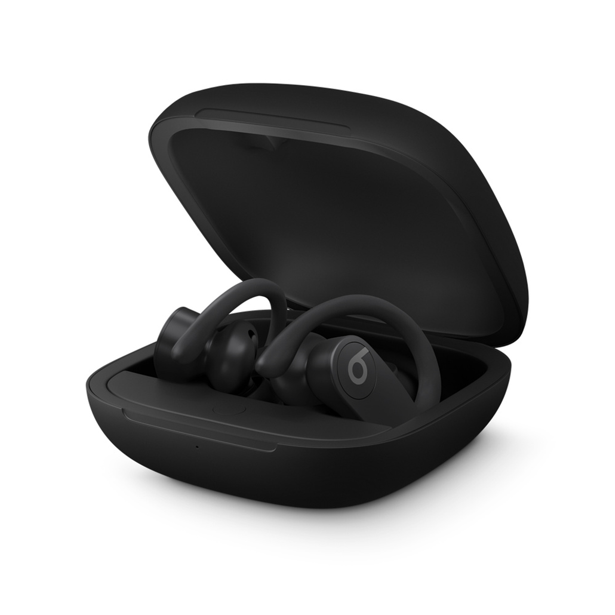 Black wireless earbuds in their charging case, open, on a white surface.