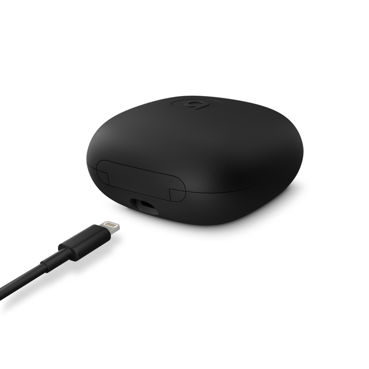 Black charging case and a black charging cable. The cable has a lighting connector.
