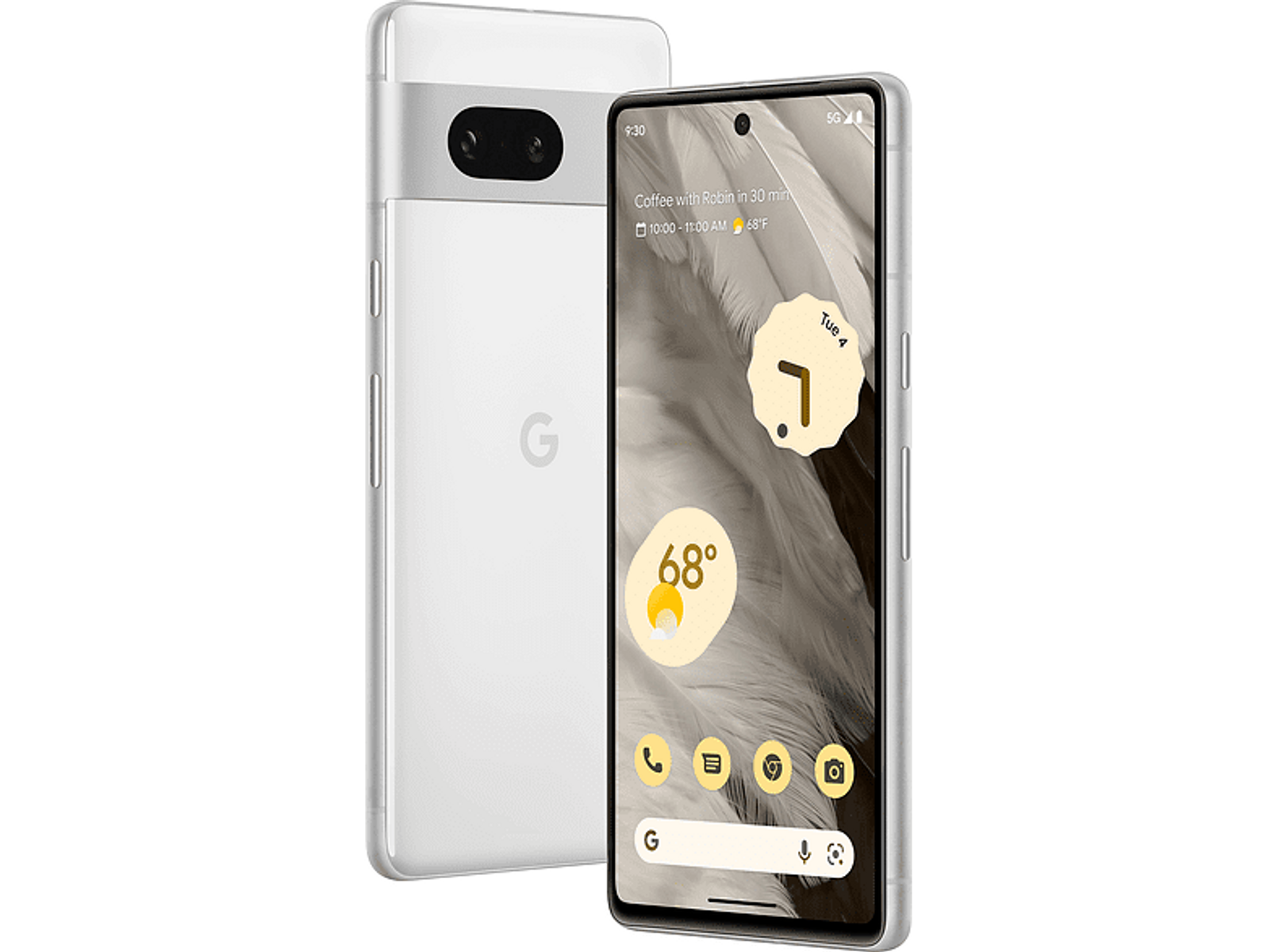 Dwa białe telefony Pixel. Jeden pokazuje ekran z czasem i pogodą. Drugi pokazuje tył.