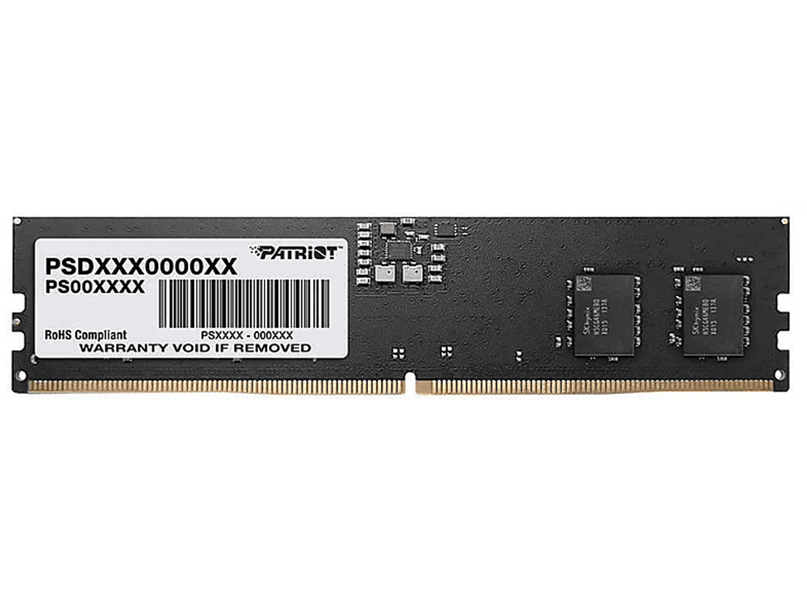 RAM-Modul mit Patriot-Branding und Produktinfo. Es ist schwarz mit goldenen Anschlüssen.