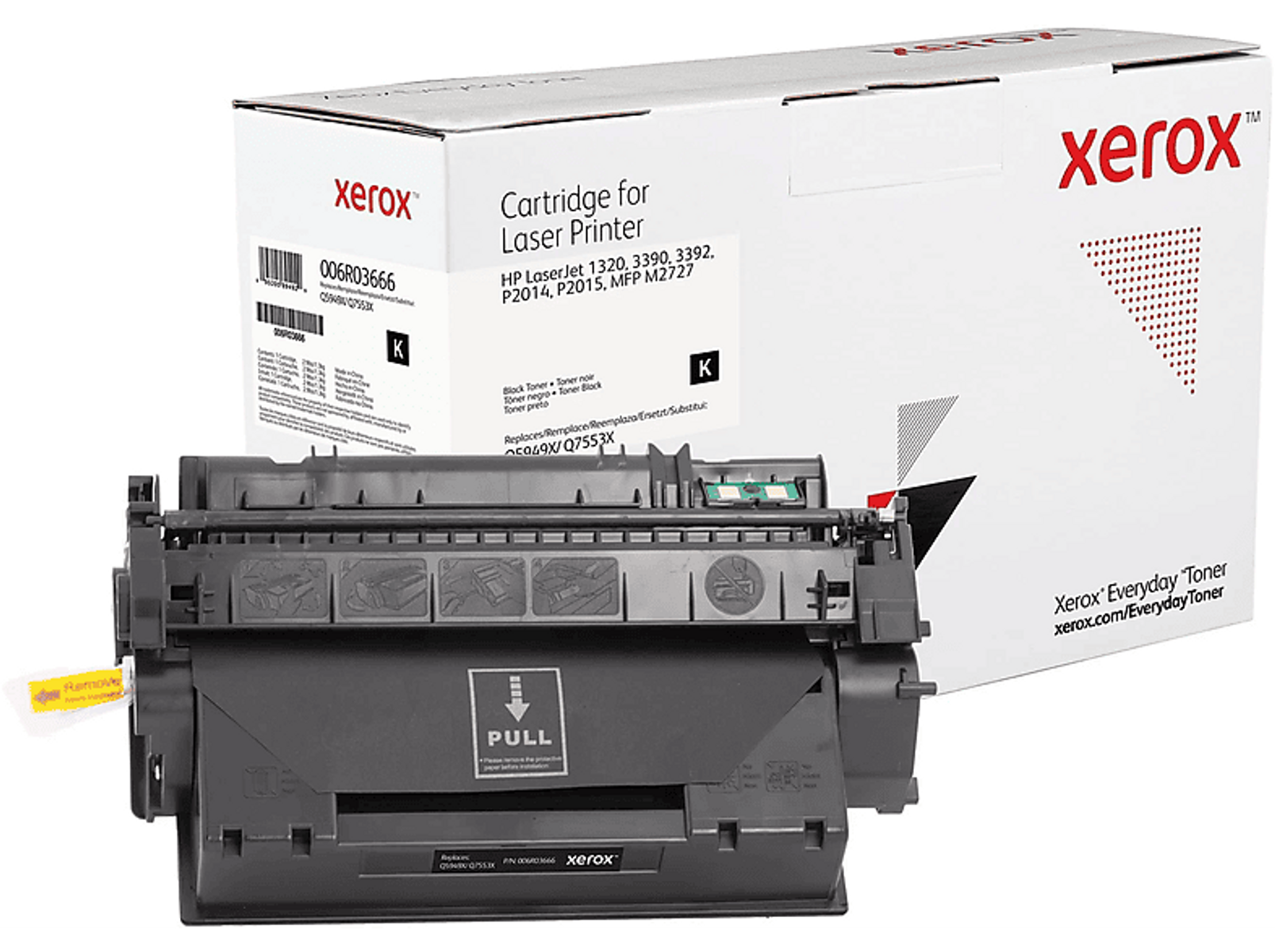 Kaseta z tonerem Xerox i pudełko, czarna kaseta z tonerem z białym pudełkiem i etykietą.